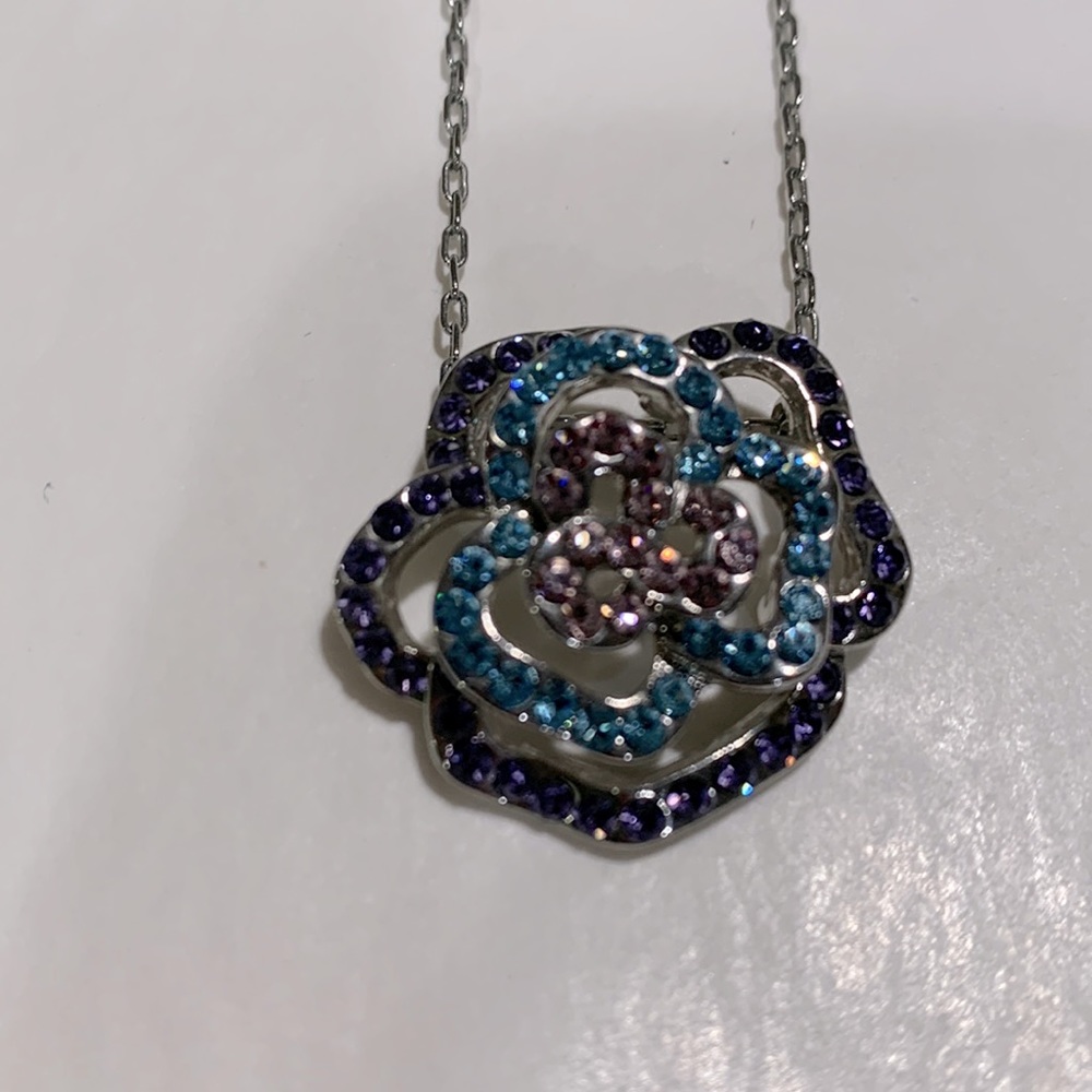 Silver flower necklace with lavender and aqua jewels
